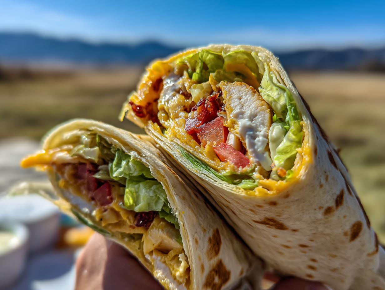 A close-up of a high protein chicken wrap cut in half, showing grilled chicken, lettuce, tomato, cheese, and sauce.