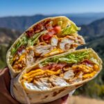 A delicious high protein chicken wrap cut in half, showing tender chicken, crisp lettuce, tomatoes, cheese, and bacon.