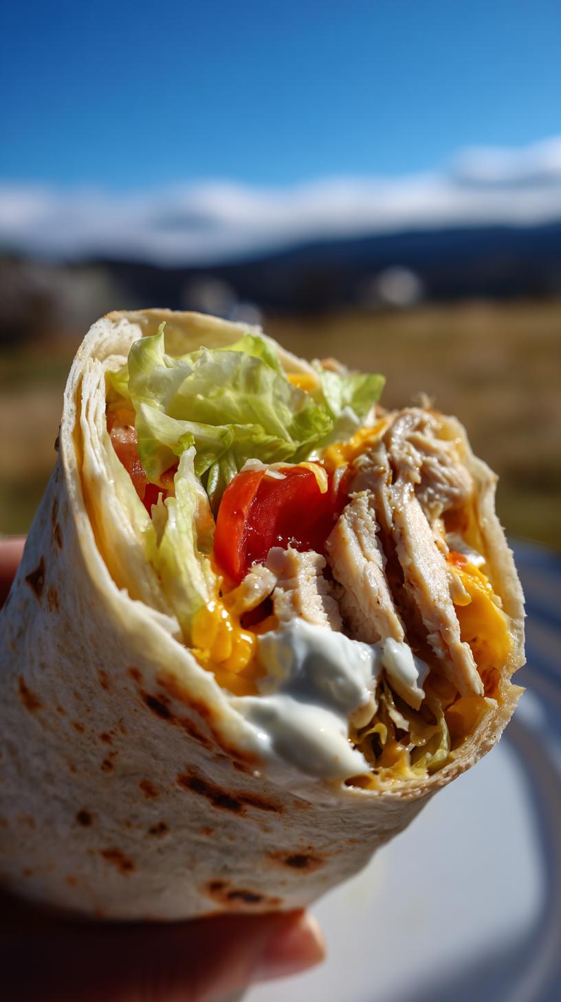 A delicious high protein chicken wrap filled with shredded chicken, lettuce, tomato, cheese, and a dollop of sauce.