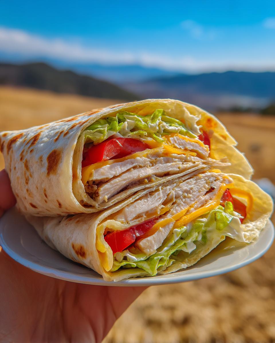 A delicious high protein chicken wrap filled with sliced chicken, cheese, lettuce, and tomatoes, held in hand.