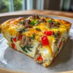 A delicious slice of High Protein Egg Bake Casserole with sausage, red peppers, spinach, and cheese.