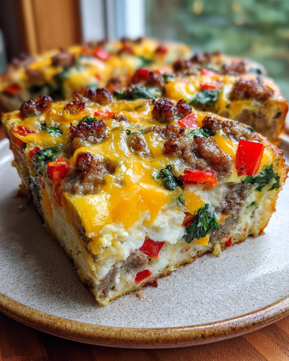A slice of High Protein Egg Bake Casserole with sausage, spinach, red peppers, and melted cheese.