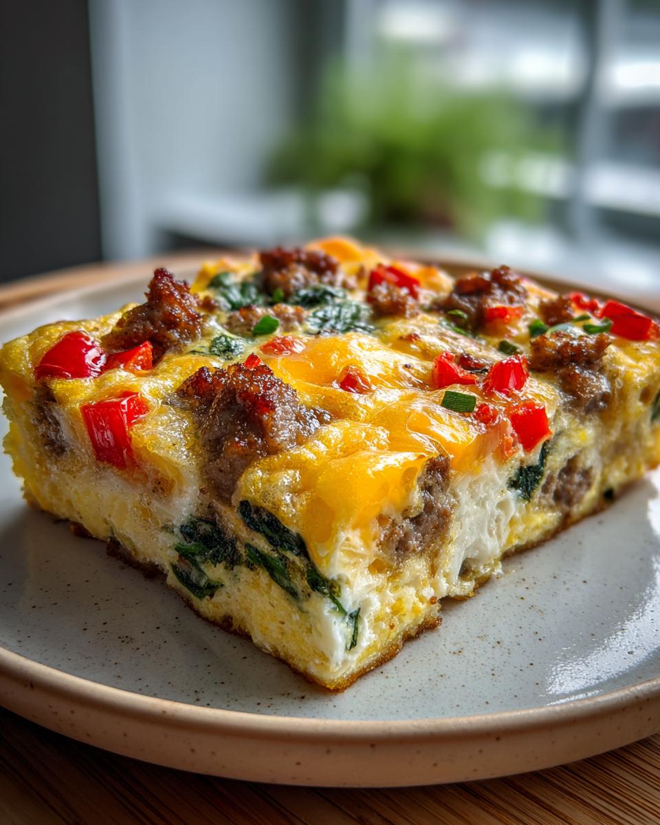 A slice of High Protein Egg Bake Casserole with sausage, spinach, red peppers, and melted cheese.