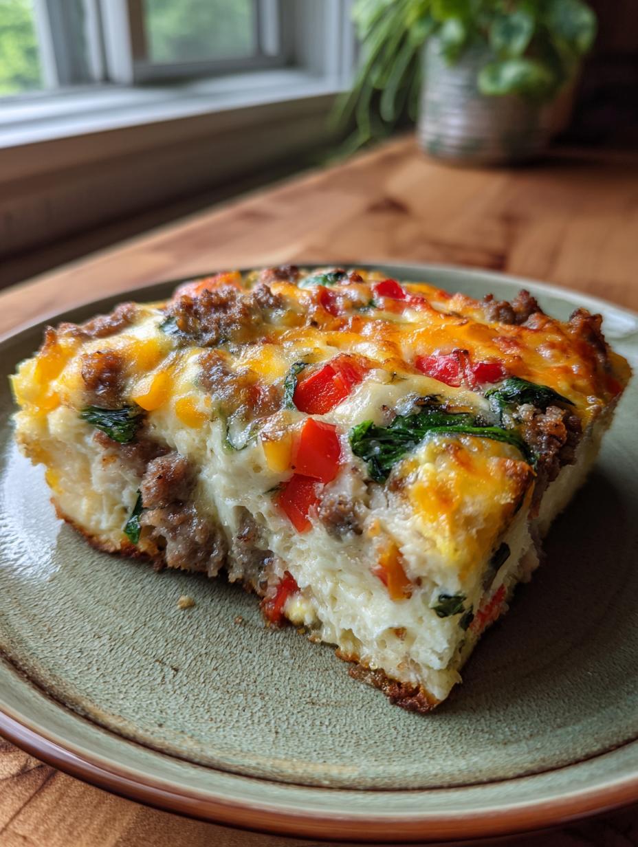 A delicious slice of High Protein Egg Bake Casserole with sausage, peppers, spinach, and melted cheese.