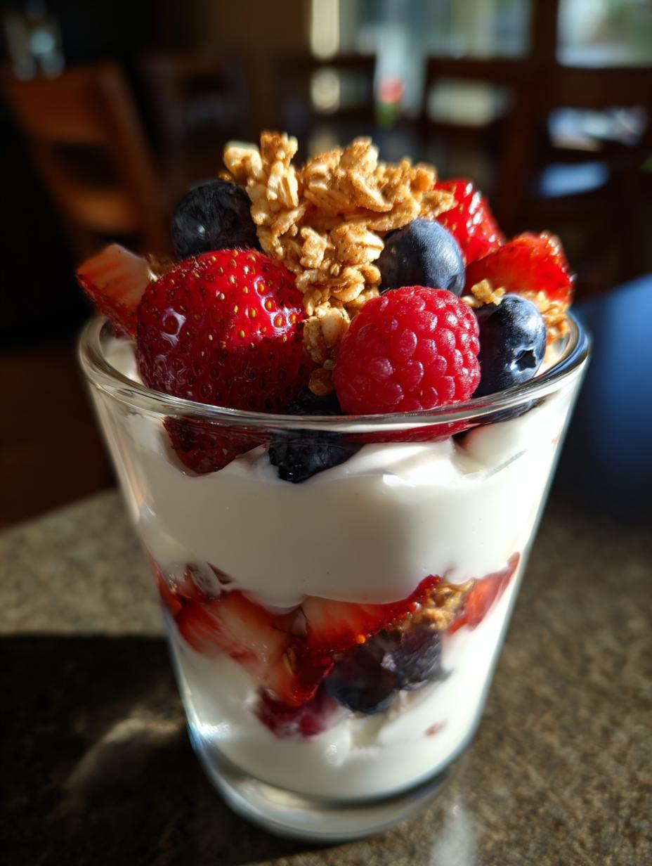 A layered High Protein Greek Yogurt Berry Parfait in a glass with fresh strawberries, blueberries, raspberries, and granola.