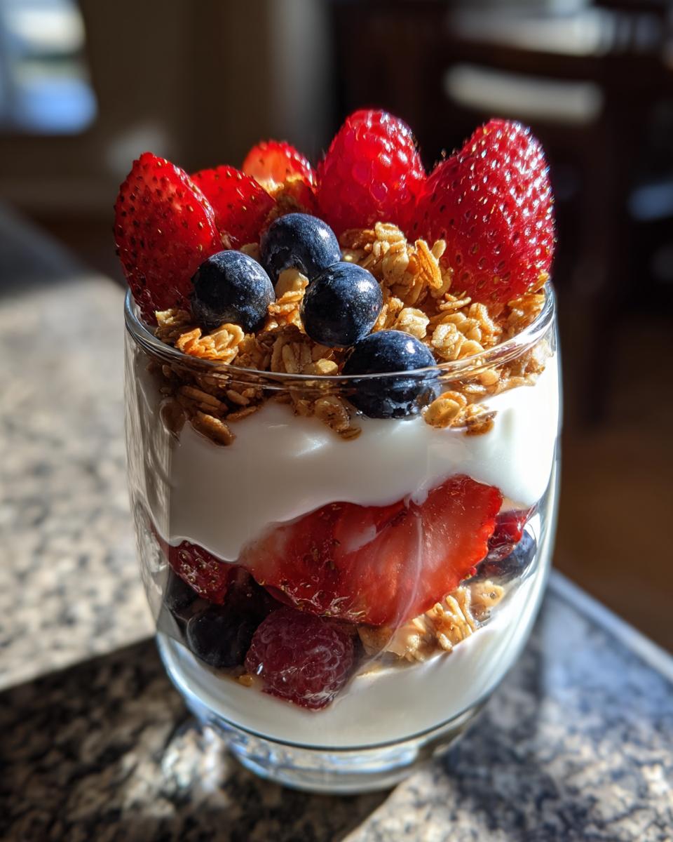 A tall glass filled with layers of High Protein Greek Yogurt Berry Parfait, showcasing yogurt, granola, strawberries, blueberries, and raspberries.
