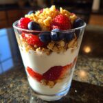 A tall glass filled with layers of creamy Greek yogurt, fresh strawberries, blueberries, and crunchy granola, showcasing a High Protein Greek Yogurt Berry Parfait.