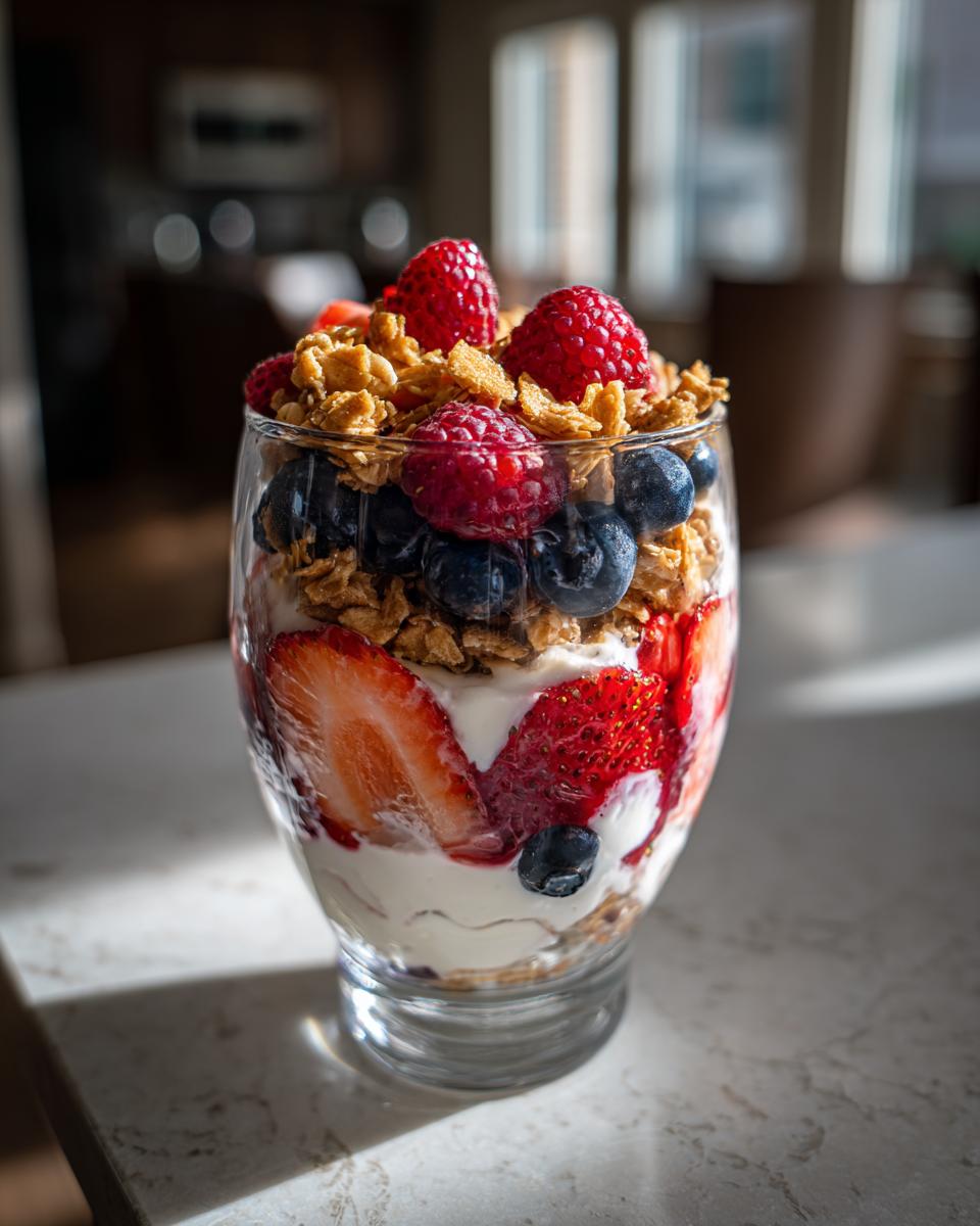 A tall glass filled with layers of High Protein Greek Yogurt Berry Parfait, showcasing yogurt, granola, strawberries, blueberries, and raspberries.