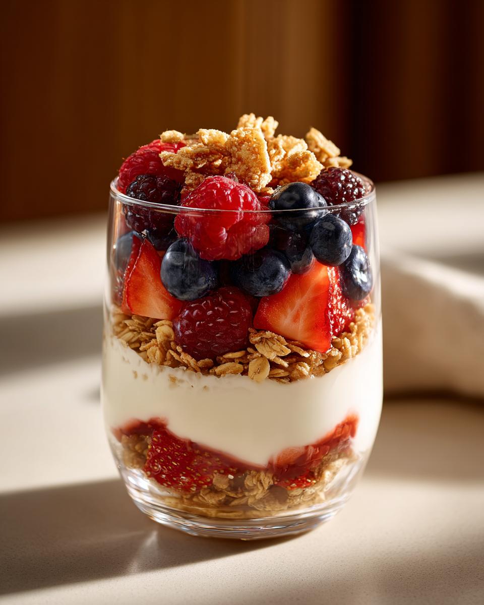 A tall glass filled with layers of Greek yogurt, fresh berries, and granola, showcasing a High Protein Greek Yogurt Berry Parfait.