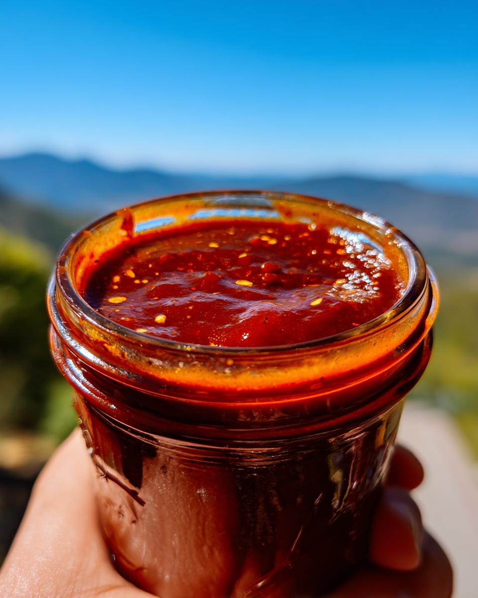 Close-up of a hand holding a jar filled with rich, dark red Homemade BBQ Sauce Easy Version.