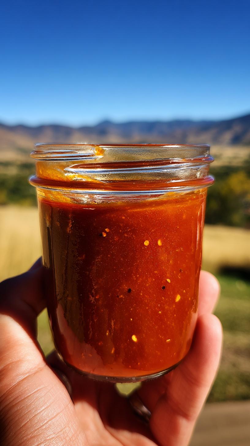 A hand holding a glass jar filled with Homemade BBQ Sauce Easy Version, with a scenic outdoor background.