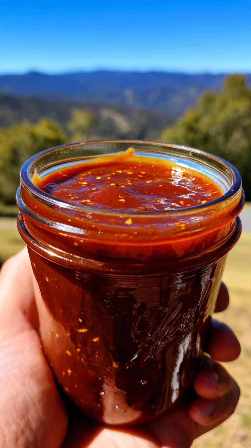 Close-up of a hand holding a glass jar filled with Homemade BBQ Sauce Easy Version.