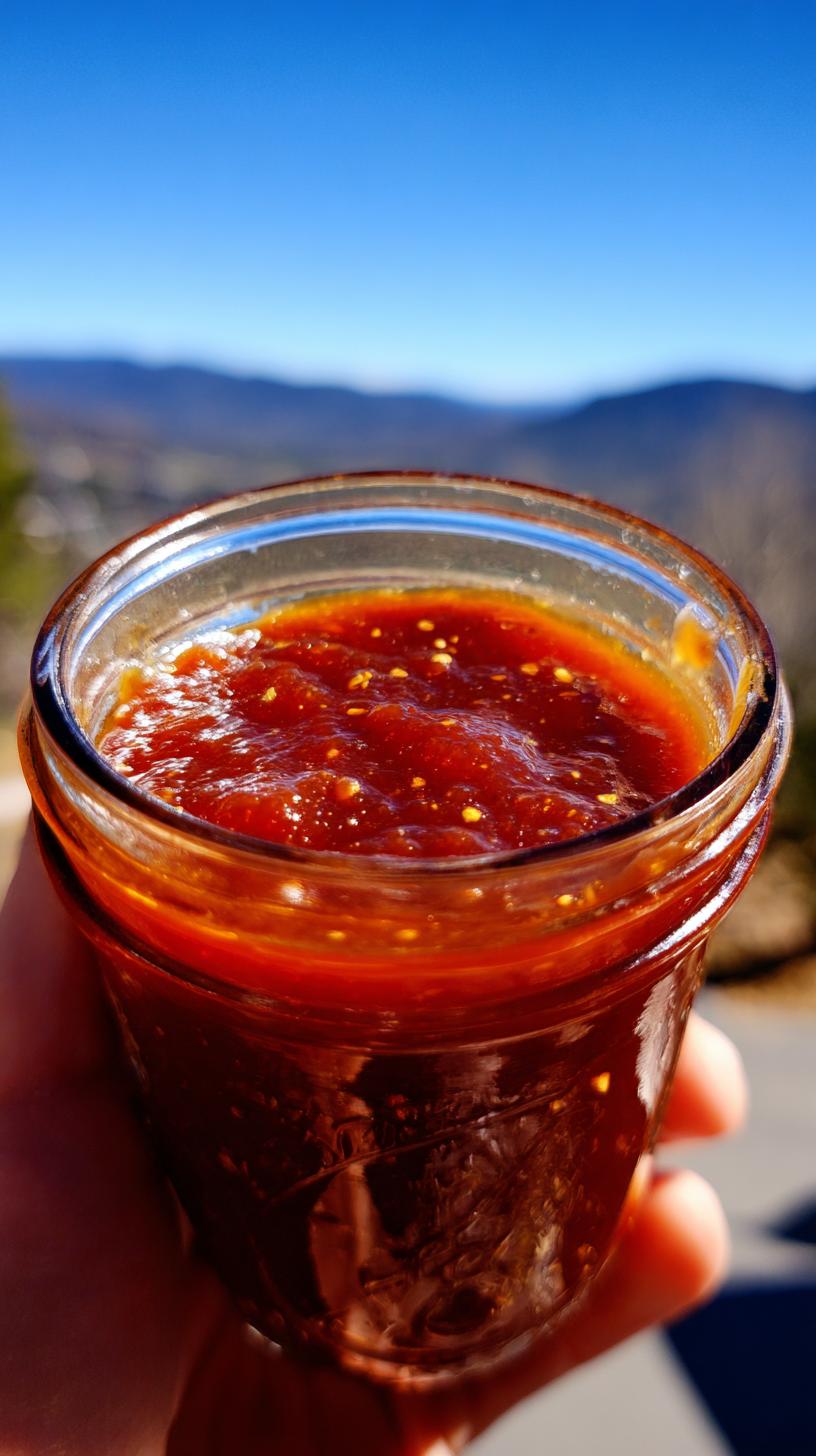 Close-up of a jar filled with Homemade BBQ Sauce Easy Version, held by a hand with a scenic mountain background.
