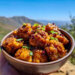 Close-up of a bowl of honey garlic chicken skillet bites, glistening with sauce and topped with green onions.