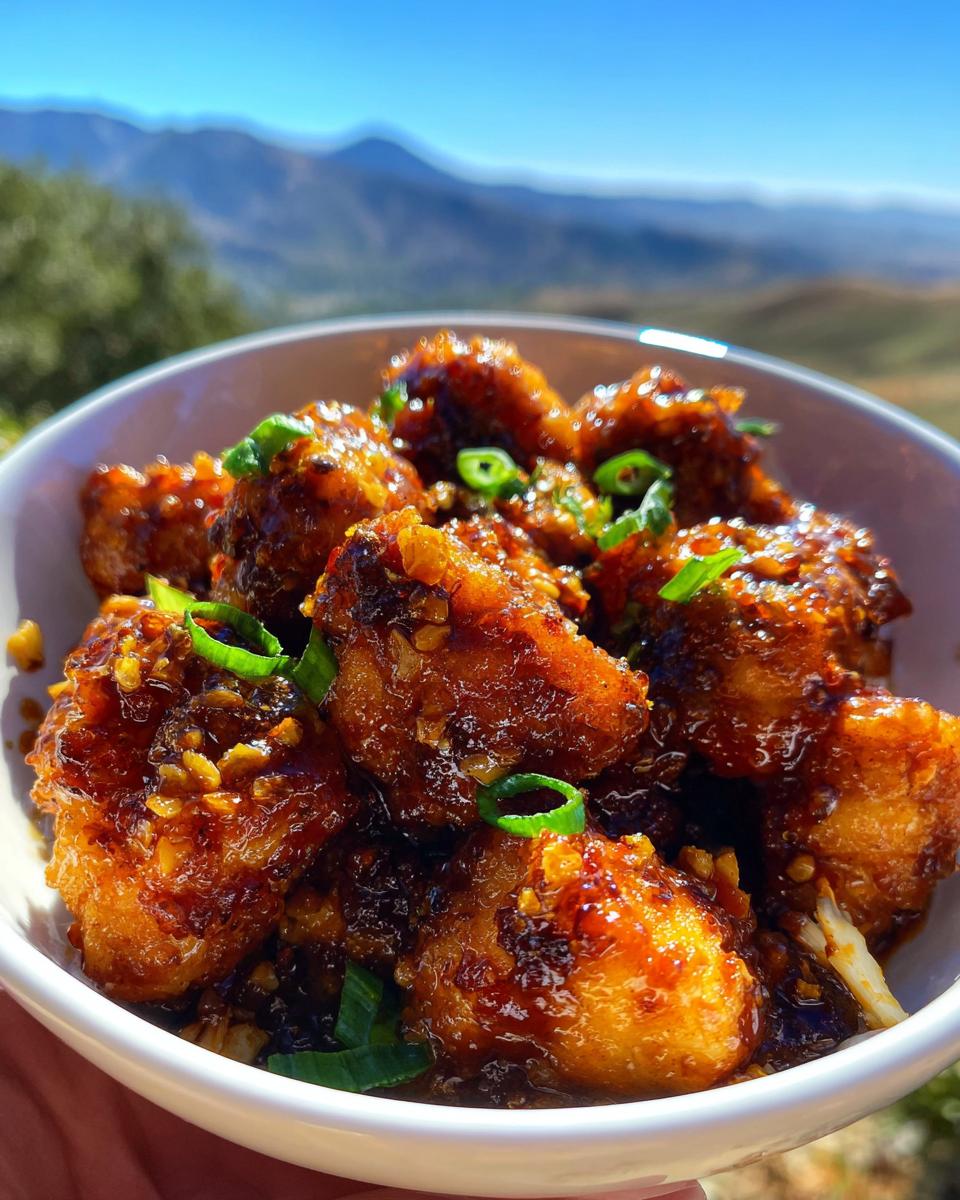 Honey garlic chicken skillet: 1 magic dinner 7 Close-up of glistening honey garlic chicken skillet bites in a white bowl, garnished with green onions.
