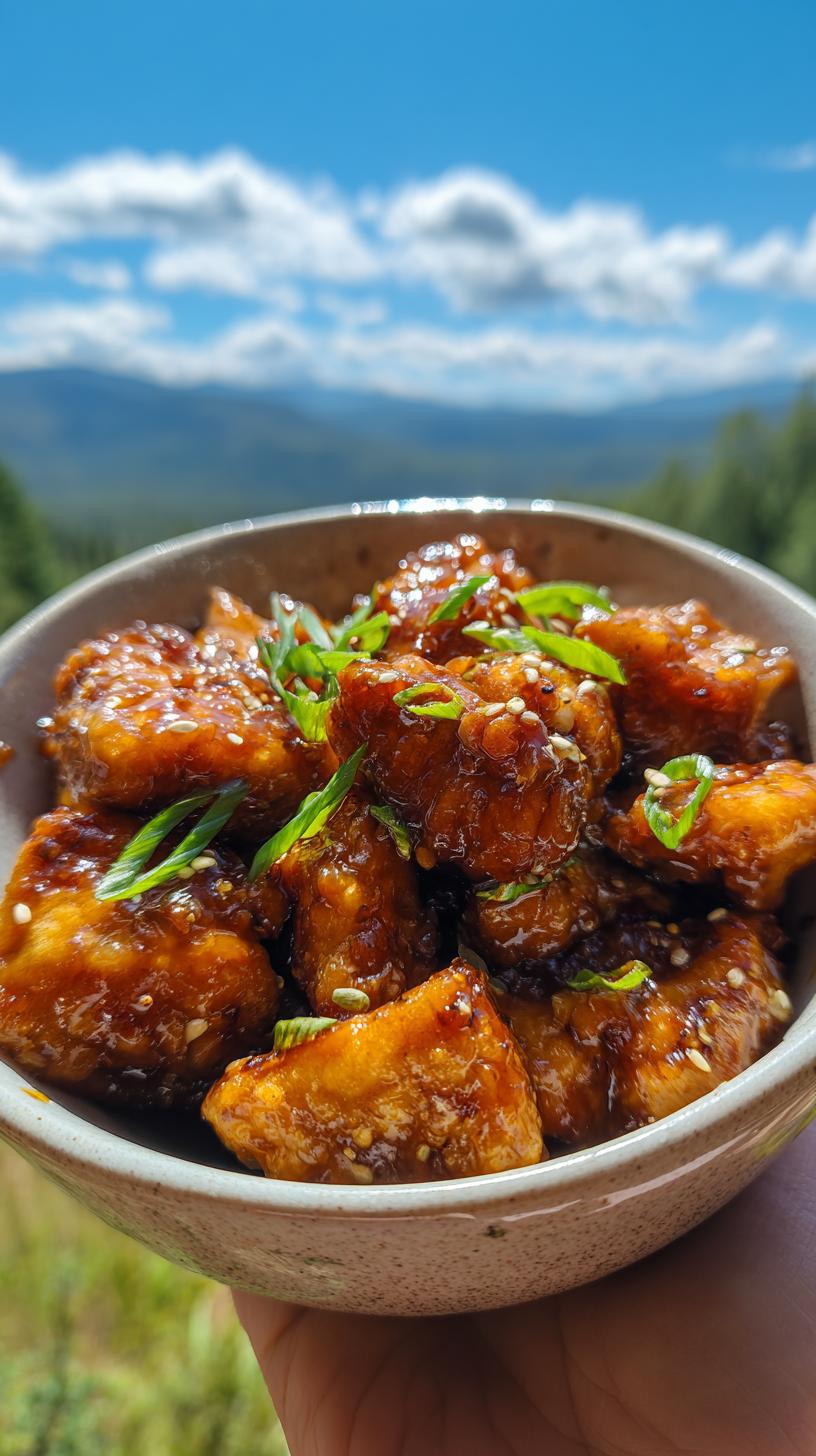 Honey garlic chicken skillet: 1 magic dinner 8 Close-up of honey garlic chicken skillet bites in a bowl, garnished with sesame seeds and green onions.