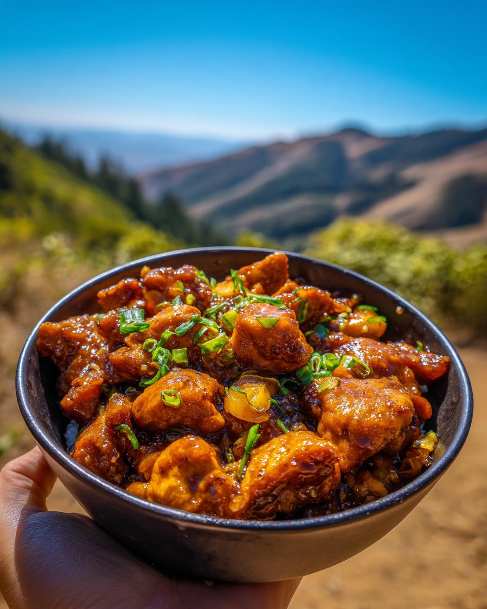 Honey garlic chicken skillet: 1 magic dinner 9 A close-up of a bowl of honey garlic chicken skillet, garnished with green onions, set against a scenic mountain backdrop.