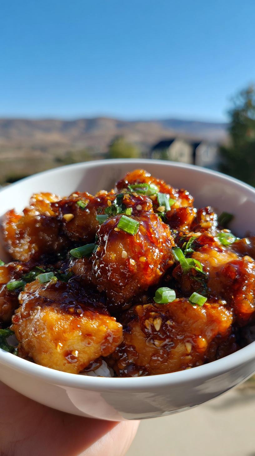 Honey garlic chicken skillet: 1 magic dinner 6 Close-up of a bowl filled with glistening honey garlic chicken skillet, garnished with sesame seeds and green onions.