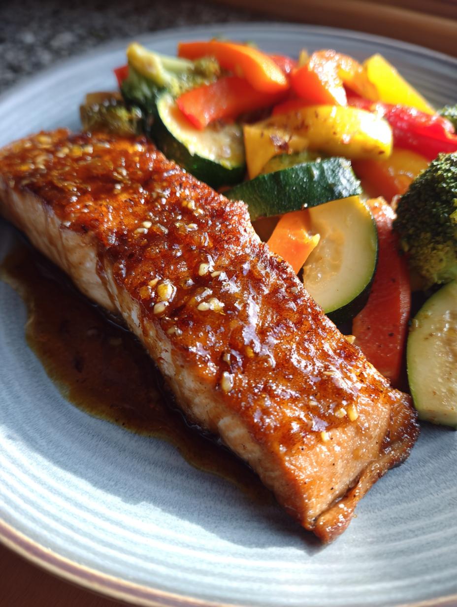 A glistening piece of Honey Garlic Salmon served with a colorful medley of roasted vegetables.