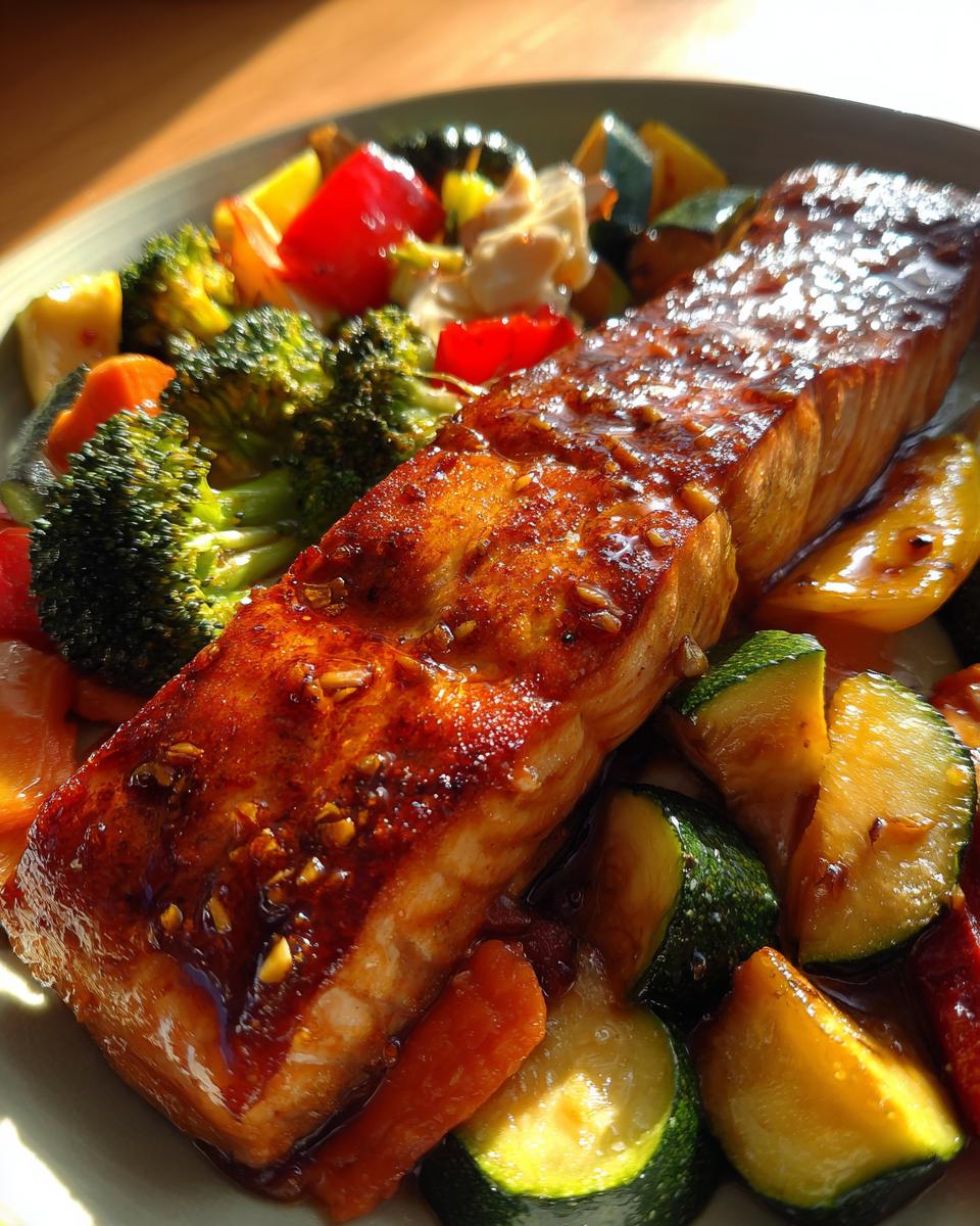 A glistening fillet of Honey Garlic Salmon served with a colorful medley of roasted vegetables including broccoli, zucchini, carrots, and bell peppers.