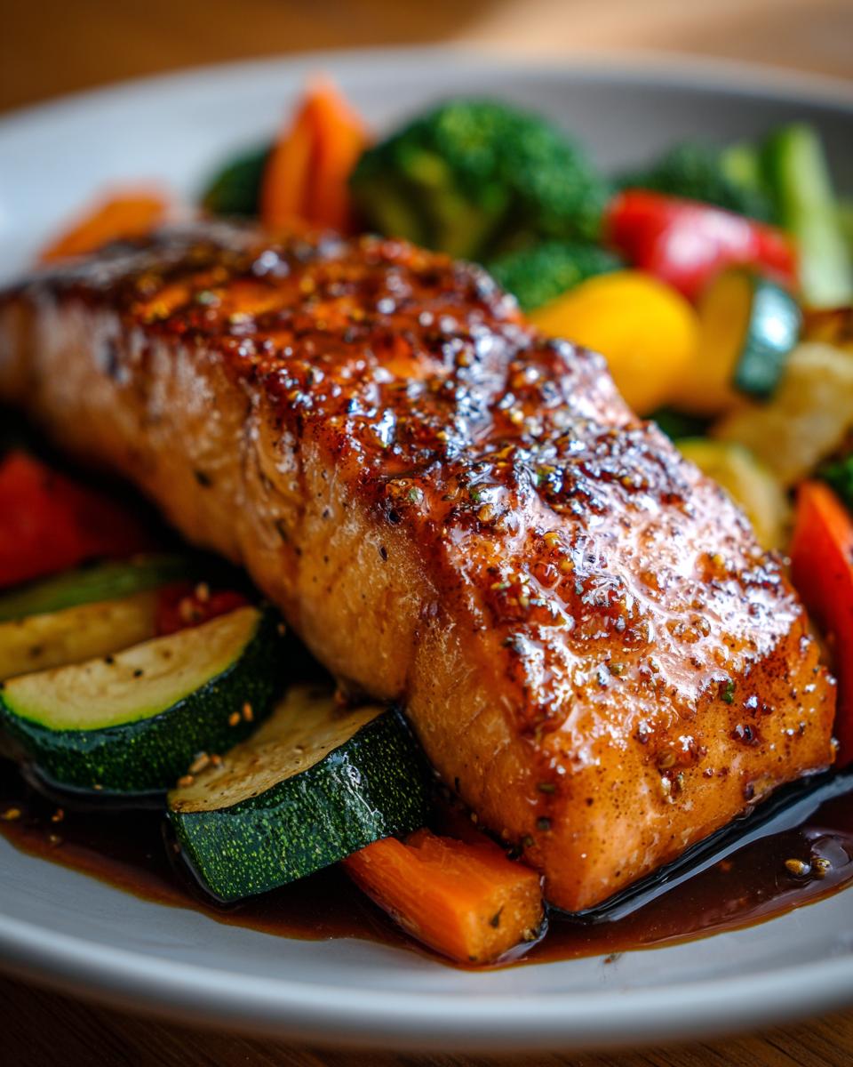 A glistening fillet of Honey Garlic Salmon served with a colorful medley of roasted vegetables including broccoli, carrots, and zucchini.