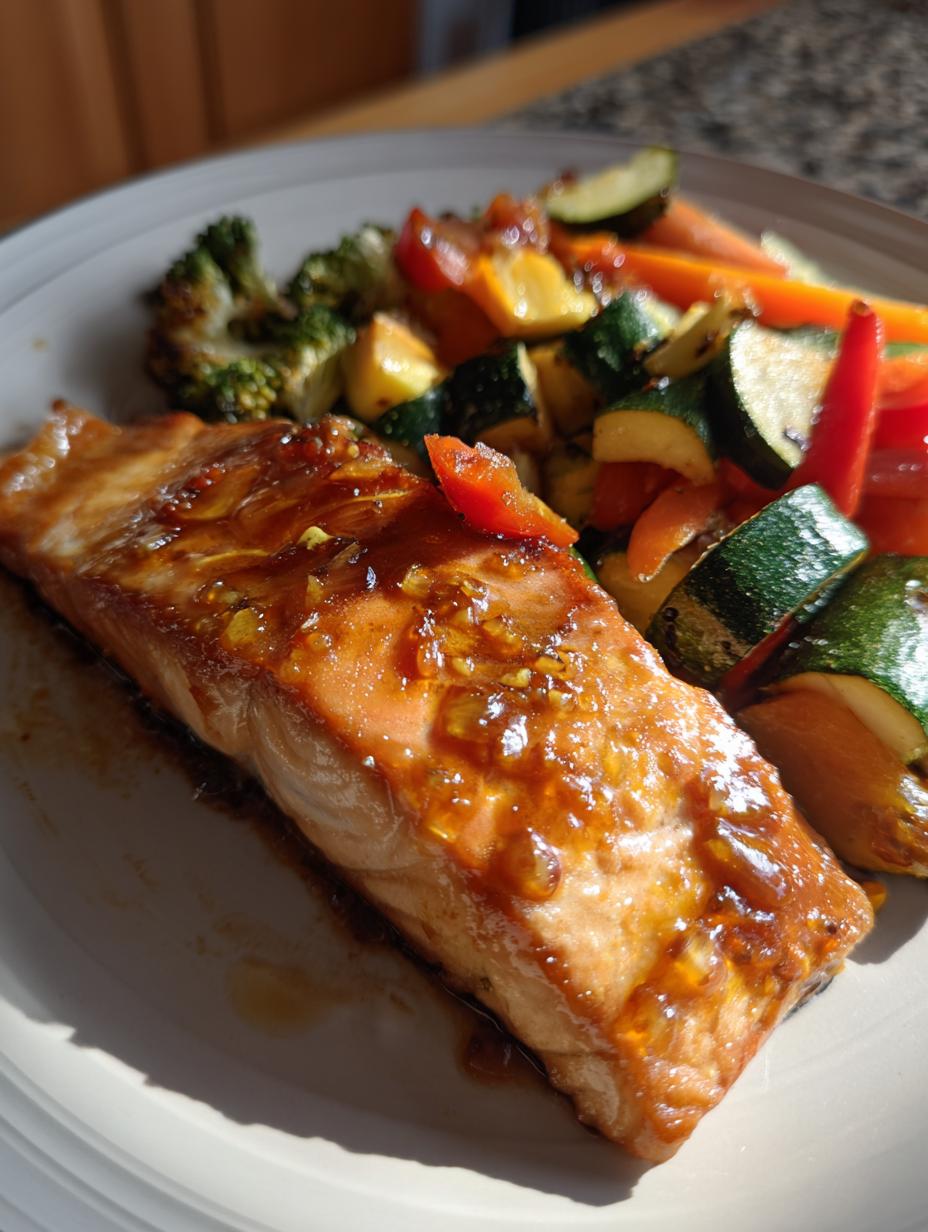 A close-up of a glistening Honey Garlic Salmon fillet served with a colorful medley of roasted vegetables including broccoli, zucchini, carrots, and peppers.