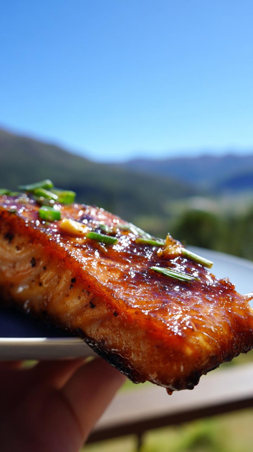 25-Minute honey glazed salmon, truly great 9 Close-up of a perfectly cooked honey glazed salmon fillet, garnished with green herbs, with a scenic mountain view in the background.