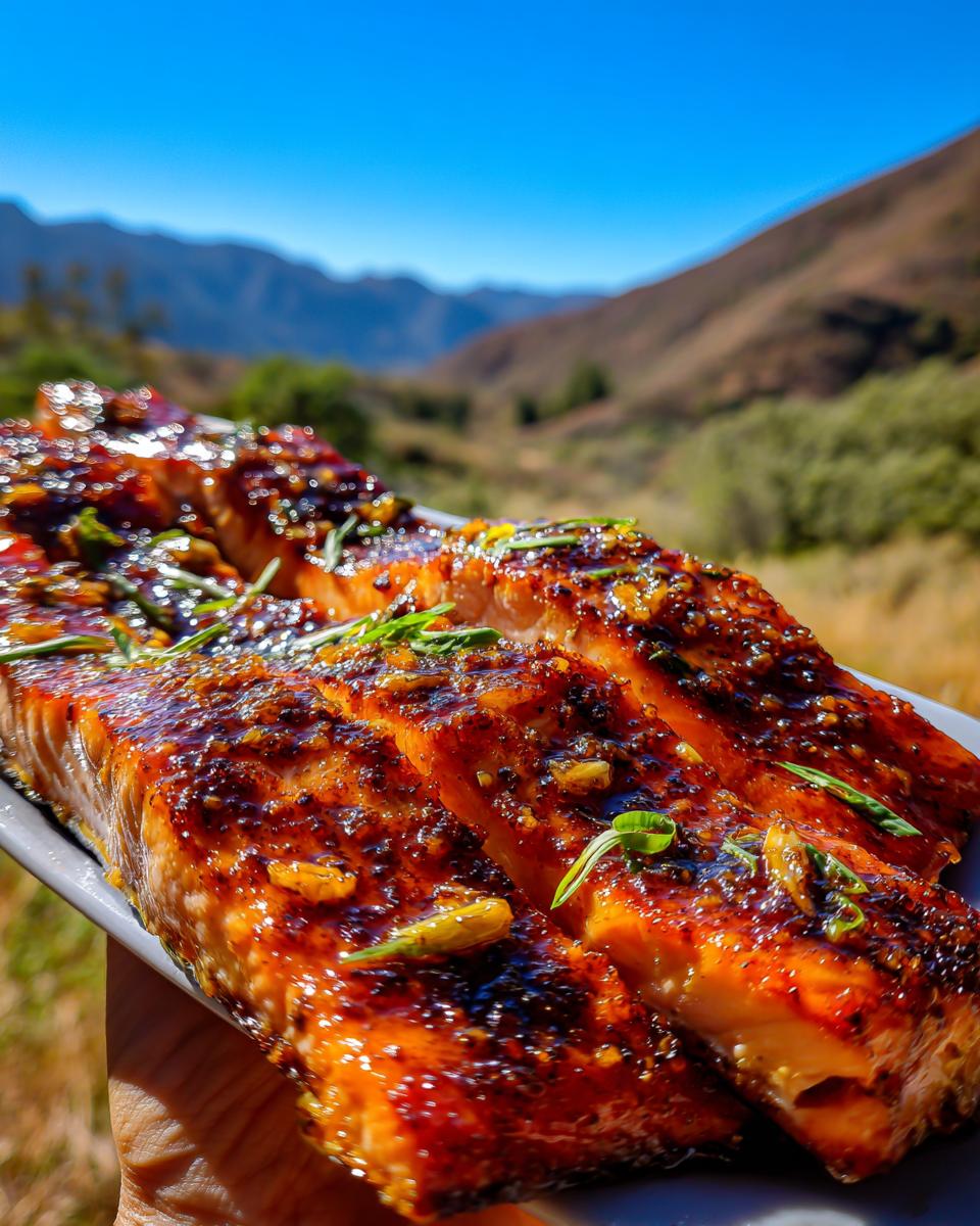 25-Minute honey glazed salmon, truly great 6 Close-up of glistening honey glazed salmon fillets served on a platter with a scenic mountain backdrop.