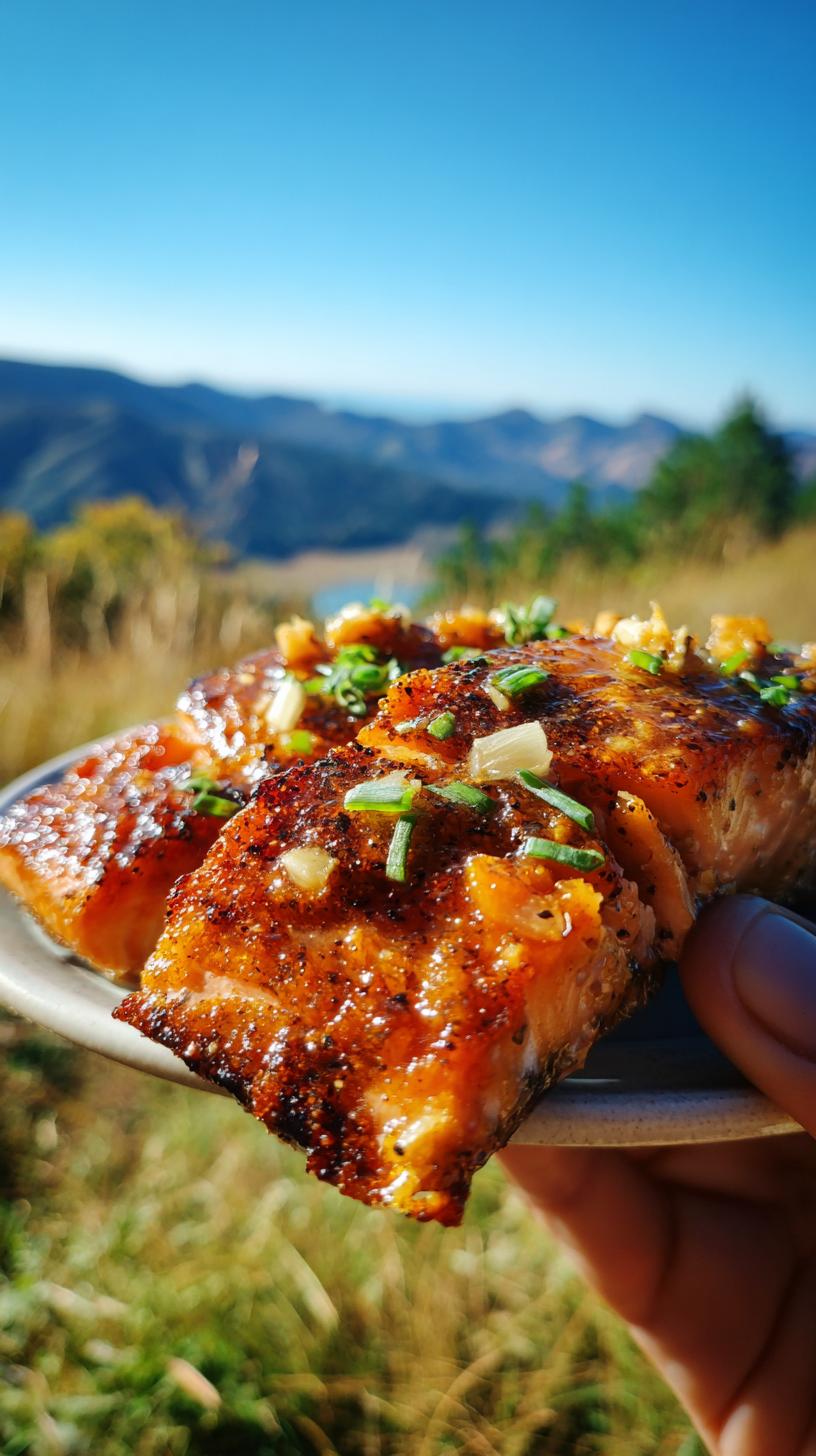 25-Minute honey glazed salmon, truly great 7 Close-up of perfectly cooked honey glazed salmon fillets, garnished with chives and garlic.