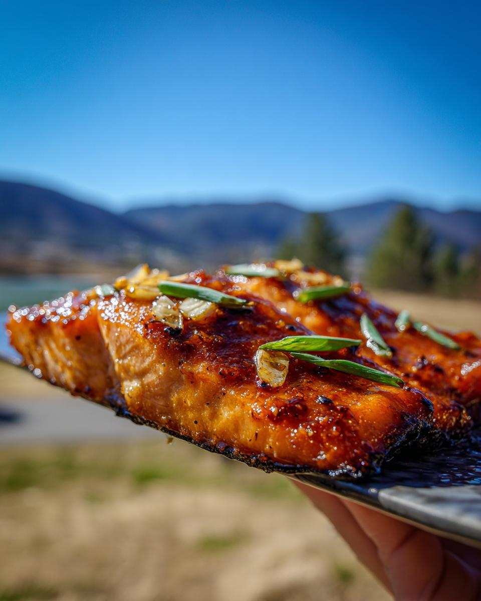 25-Minute honey glazed salmon, truly great 8 Close-up of two perfectly cooked honey glazed salmon fillets, garnished with green onions and garlic.