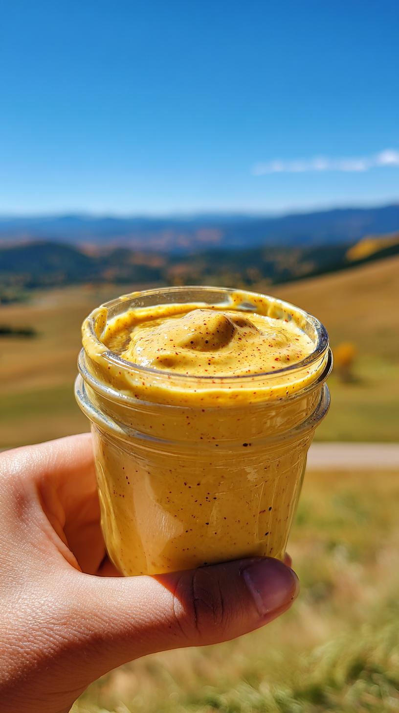 5 Minute Honey Mustard Sauce Simple and Quick Easy Recipe 7 A hand holding a small glass jar filled with creamy Honey Mustard Sauce Simple and Quick Easy Recipe.