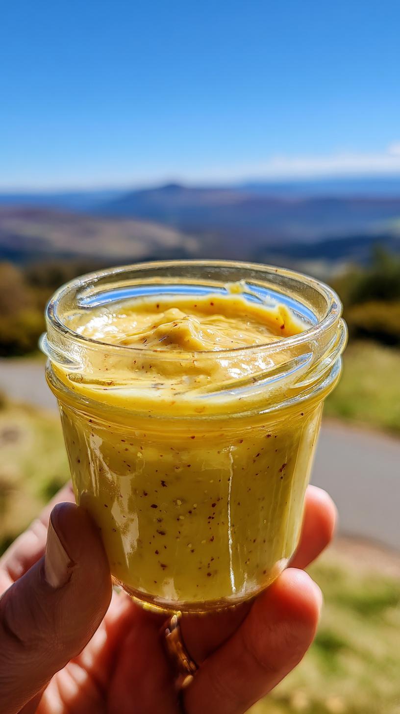 5 Minute Honey Mustard Sauce Simple and Quick Easy Recipe 6 A hand holds a small glass jar filled with creamy Honey Mustard Sauce, with a scenic outdoor landscape in the background.