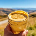 Hand holding a jar of quick honey mustard sauce, with a scenic outdoor background.