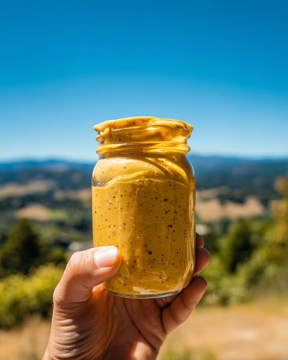 5 Minute Honey Mustard Sauce Simple and Quick Easy Recipe 8 A hand holds a jar filled with creamy, speckled Honey Mustard Sauce Simple and Quick Easy Recipe.