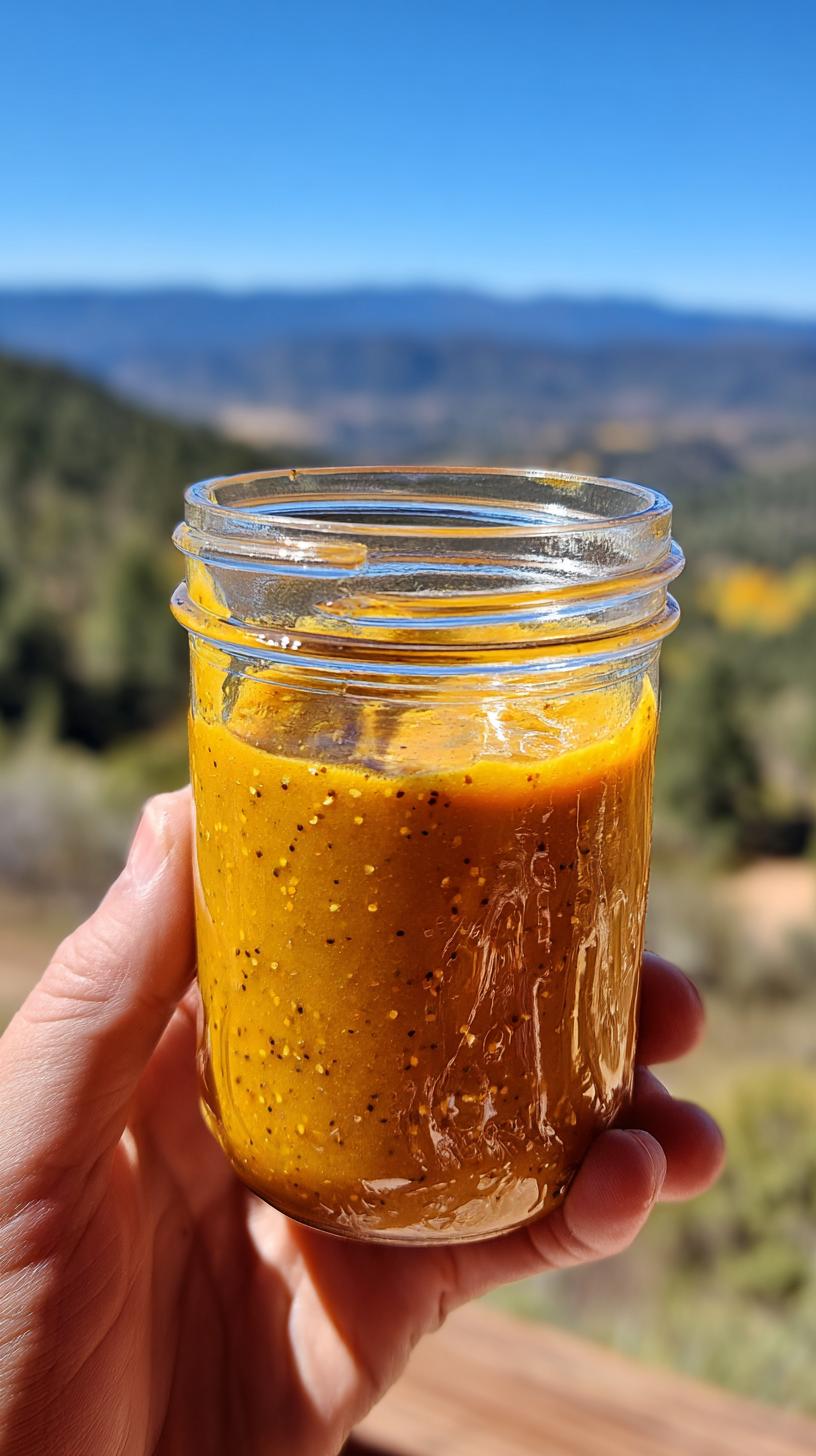 5 Minute Honey Mustard Sauce Simple and Quick Easy Recipe 9 A hand holds a glass jar filled with a vibrant, speckled Honey Mustard Sauce, with a blurred natural landscape in the background.