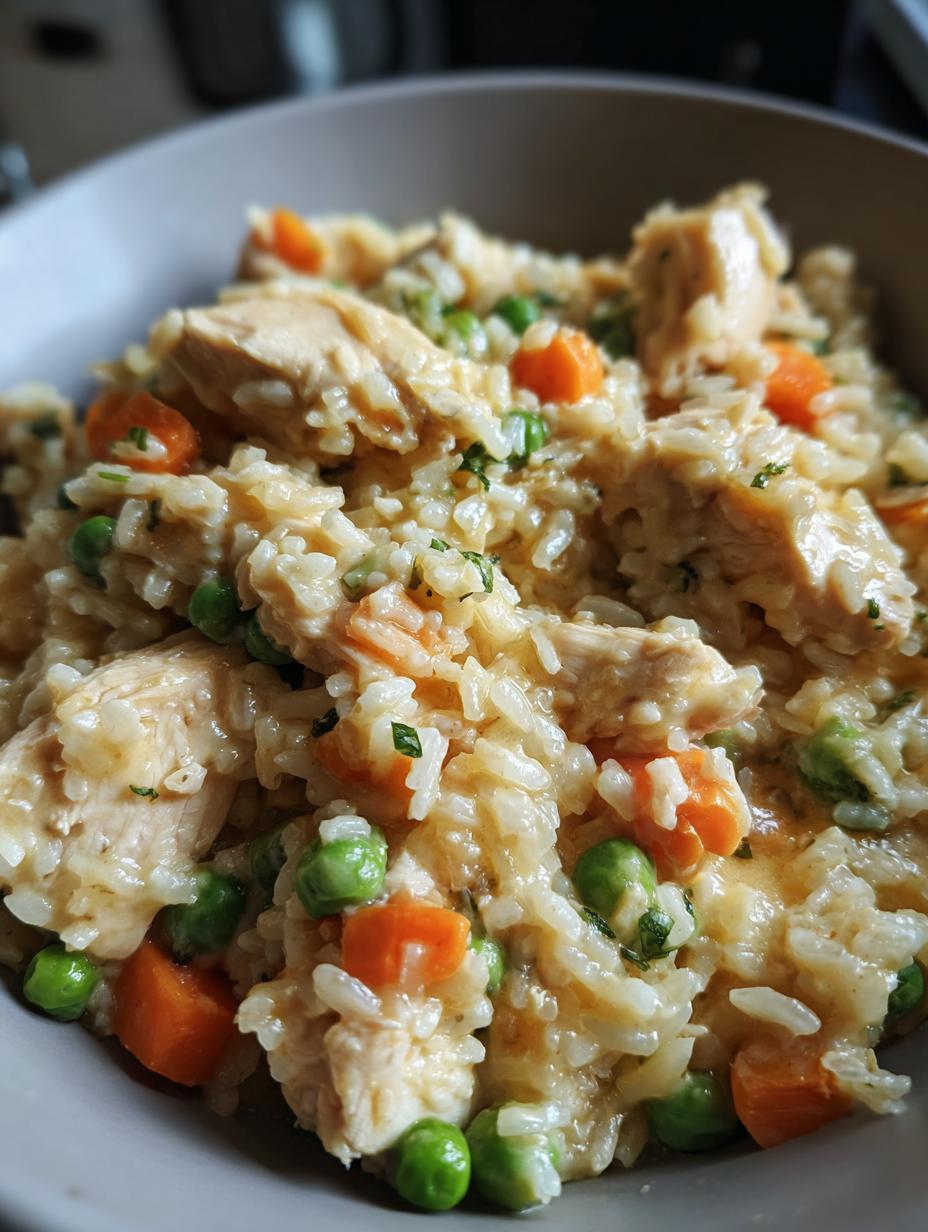 Close-up of Instant Pot Creamy Chicken and Rice with tender chicken pieces, fluffy rice, peas, and carrots.
