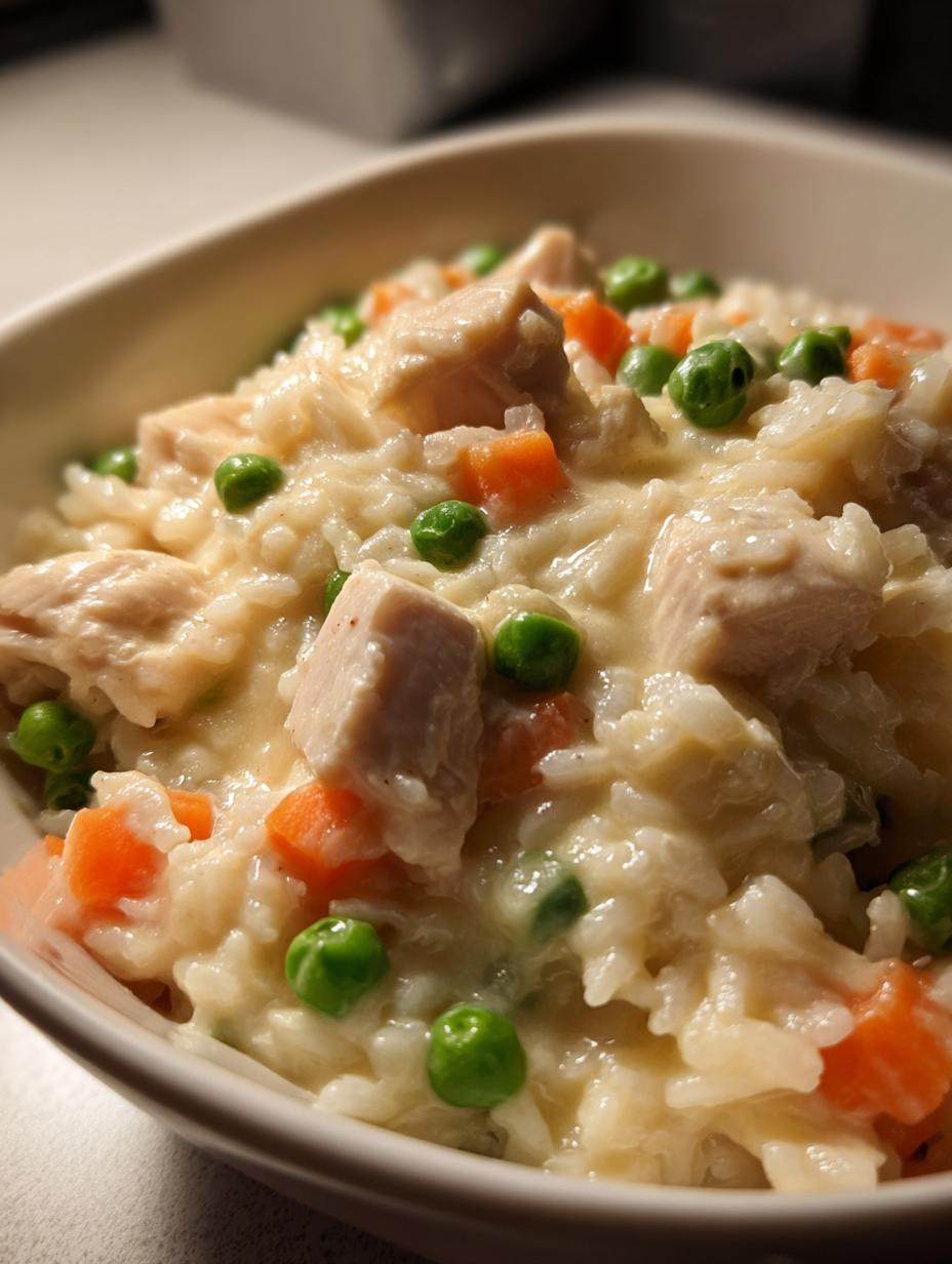 Close-up of Instant Pot Creamy Chicken and Rice with visible chunks of chicken, peas, and carrots in a creamy sauce.