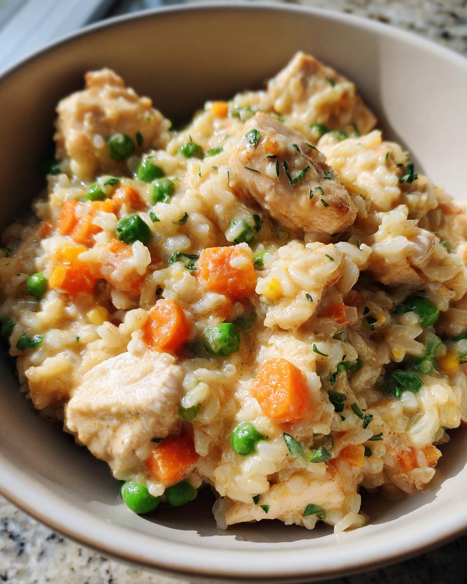 Close-up of Instant Pot Creamy Chicken and Rice with tender chicken pieces, peas, and carrots.