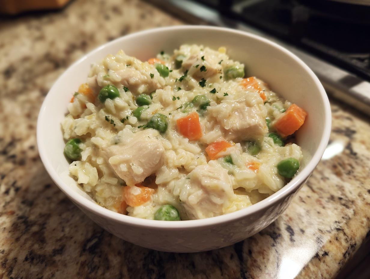 A bowl of Instant Pot Creamy Chicken and Rice with peas and carrots, garnished with parsley.