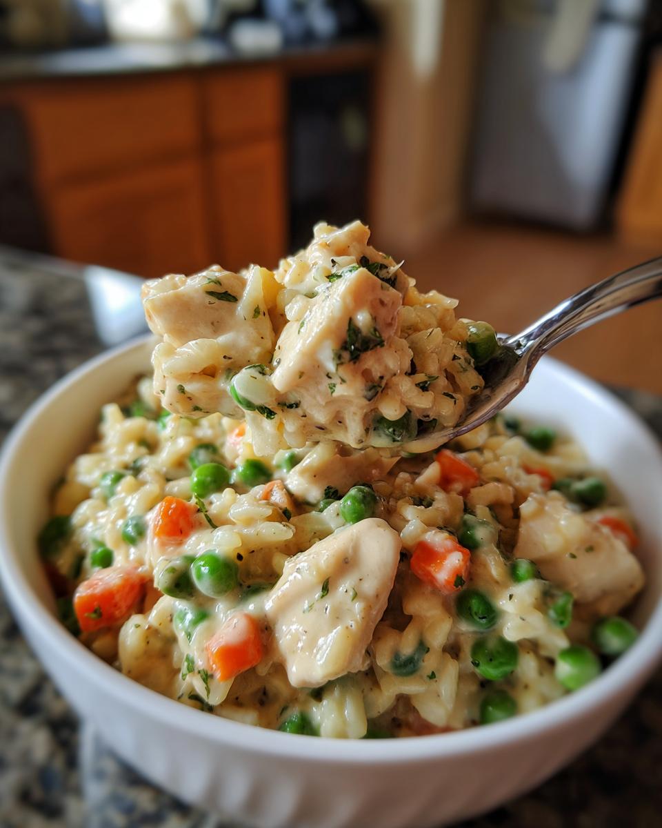 A spoonful of Instant Pot Creamy Chicken and Rice with visible chicken pieces, peas, carrots, and herbs.