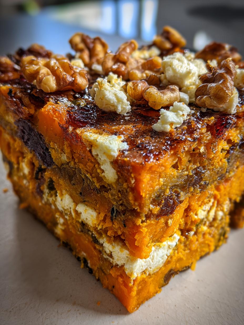 Close-up of a slice of Layered Sweet Potato and Squash Vegetable Bake, topped with walnuts and feta cheese.