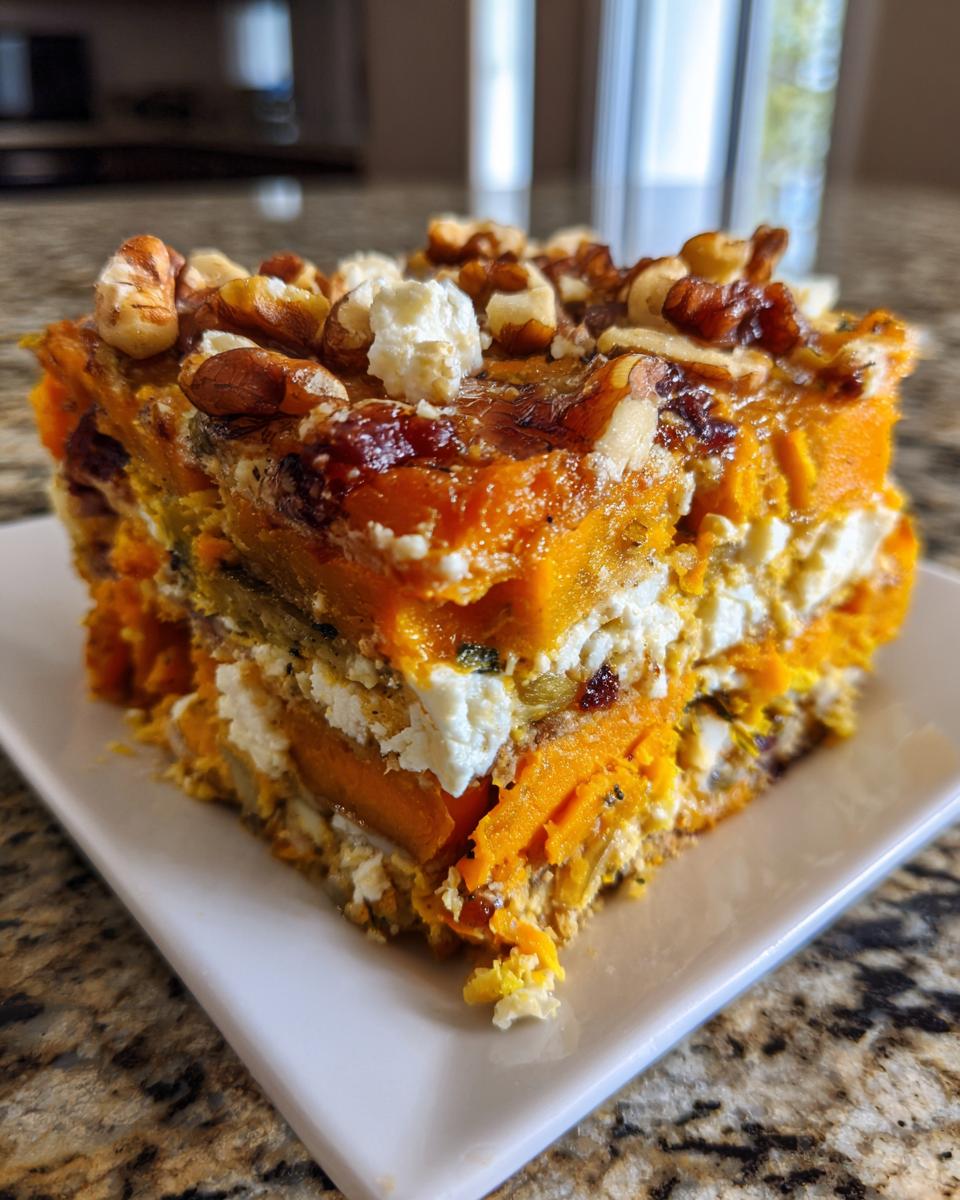 A slice of Layered Sweet Potato and Squash Vegetable Bake, topped with walnuts and feta cheese.
