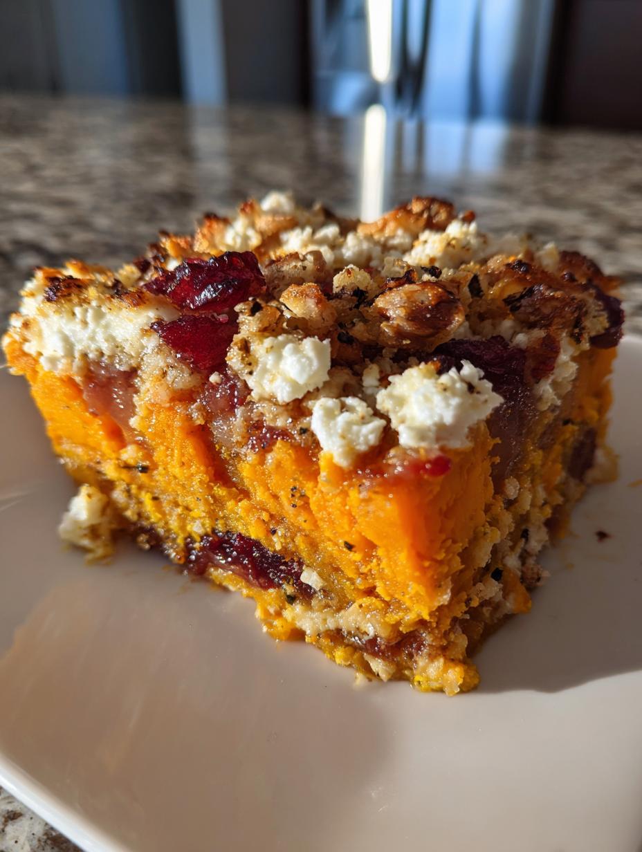 A close-up of a slice of Layered Sweet Potato and Squash Vegetable Bake, showing layers of orange vegetables, cranberries, and a crumb topping.