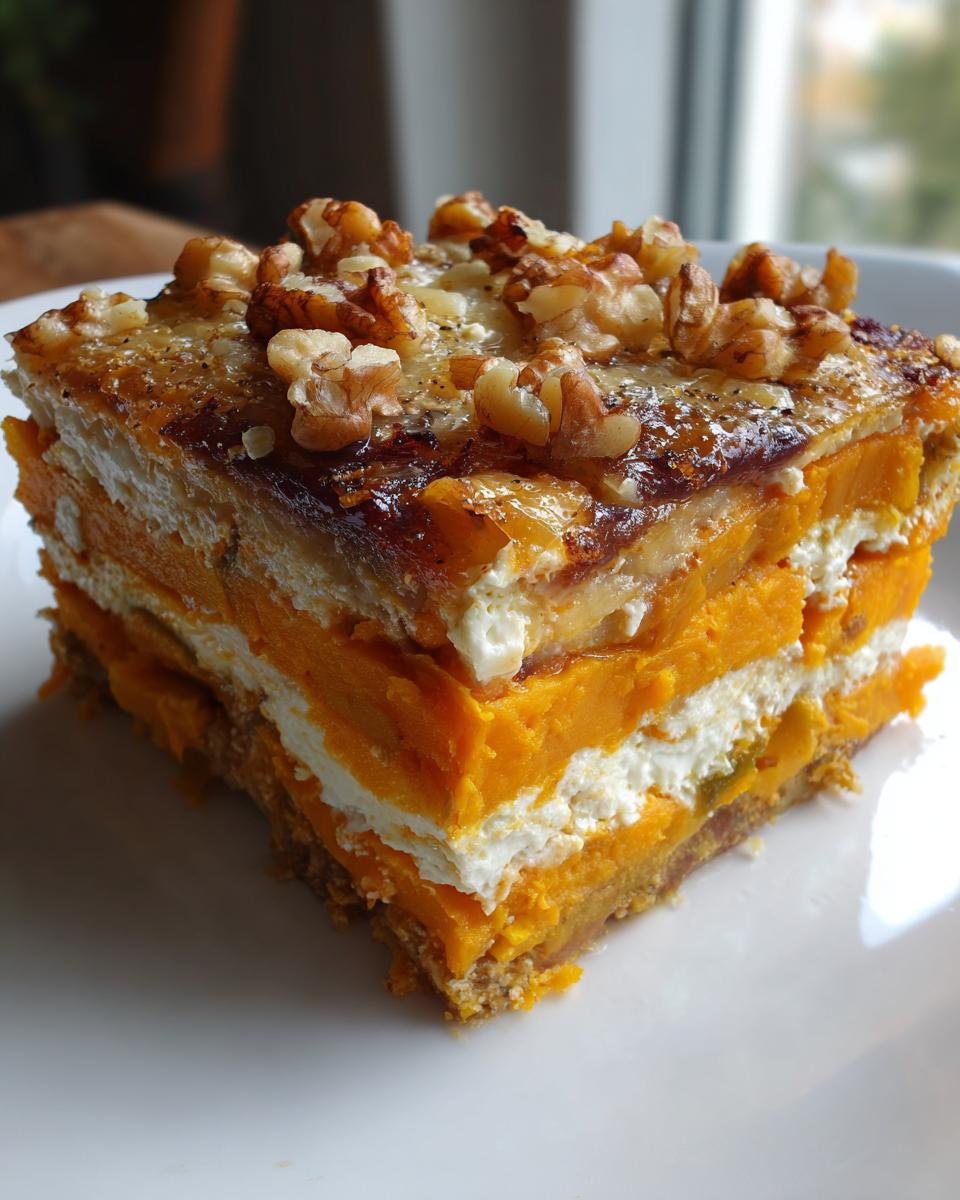 A slice of Layered Sweet Potato and Squash Vegetable Bake, topped with walnuts and glaze.
