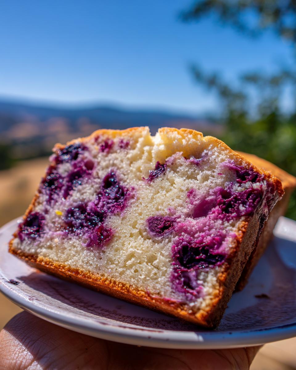 A close-up of a slice of Lemon Blueberry Bread Perfect, showcasing plump blueberries and a moist crumb.