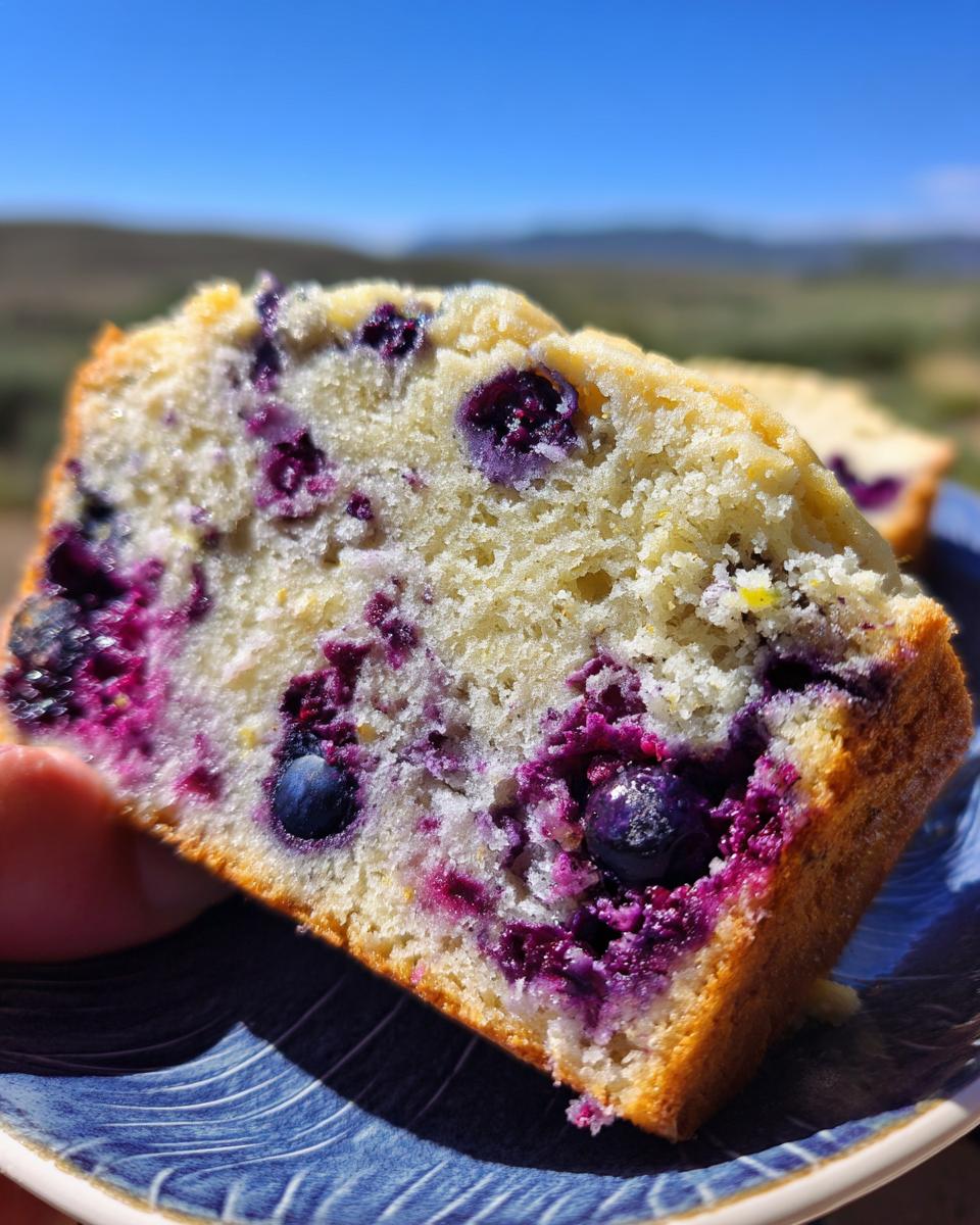 A close-up shot of a slice of Lemon Blueberry Bread Perfect, showcasing plump blueberries and a moist crumb.