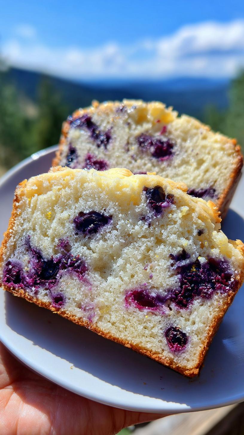Close-up of two slices of Lemon Blueberry Bread Perfect, showcasing juicy blueberries and a hint of lemon zest.