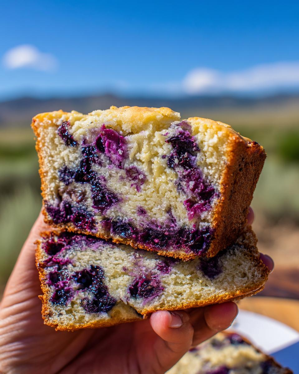 Close-up of two slices of Lemon Blueberry Bread Perfect, showcasing generous blueberries and a golden crust.