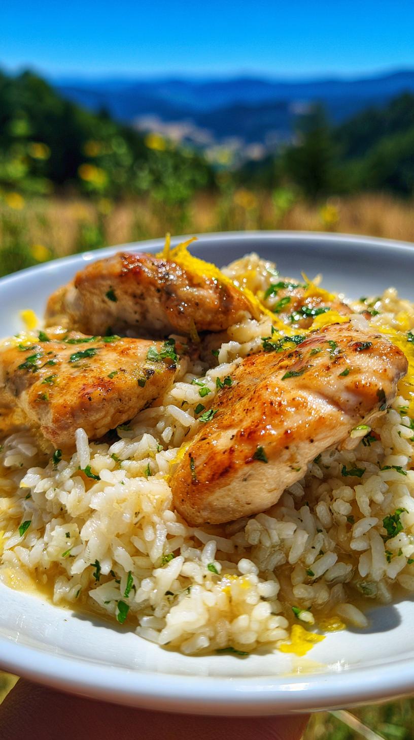 Close-up of juicy pan-seared chicken pieces served over fluffy rice, garnished with lemon zest and parsley. Lemon Chicken with Rice One Pan.