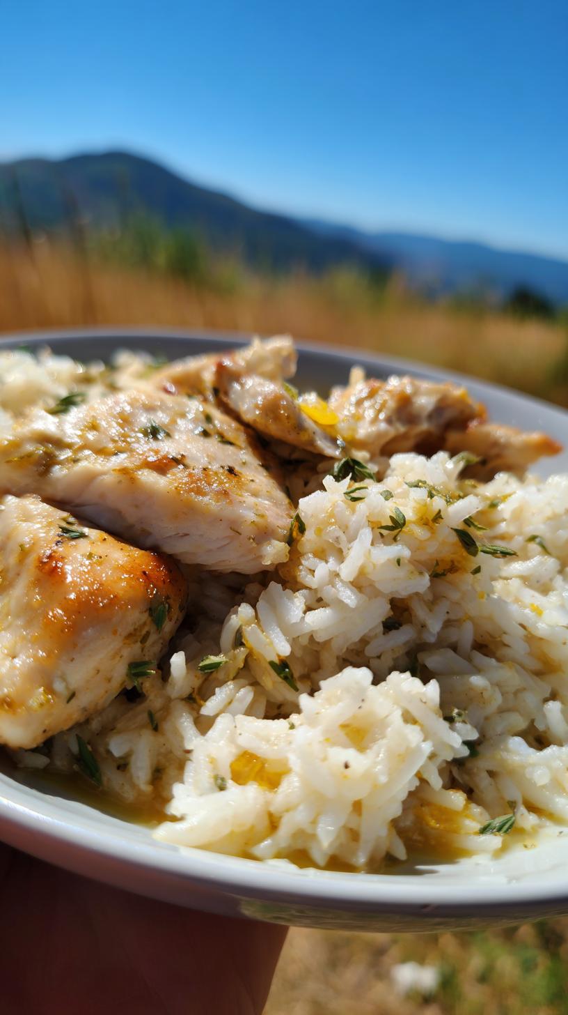 Close-up of tender chicken pieces served with fluffy rice, seasoned with herbs, in a Lemon Chicken with Rice One Pan dish.